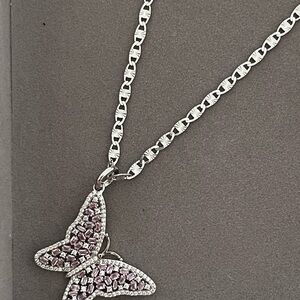 New Elegant Italy Silver 925 Pink Butterfly Necklace with Sparkle Zirconia